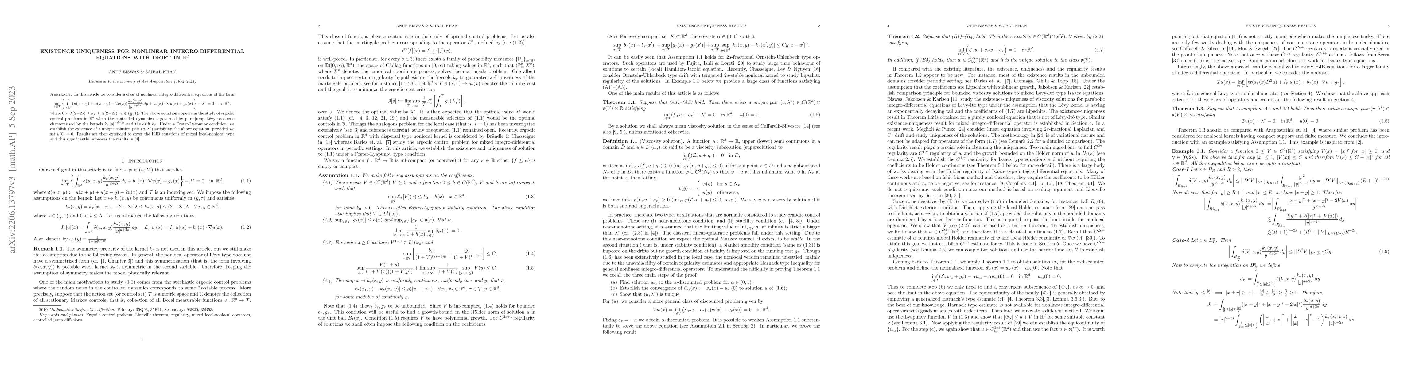 Thumbnail for Existence-Uniqueness for nonlinear integro-differential equations with
  drift in $\mathbb{R}^d$