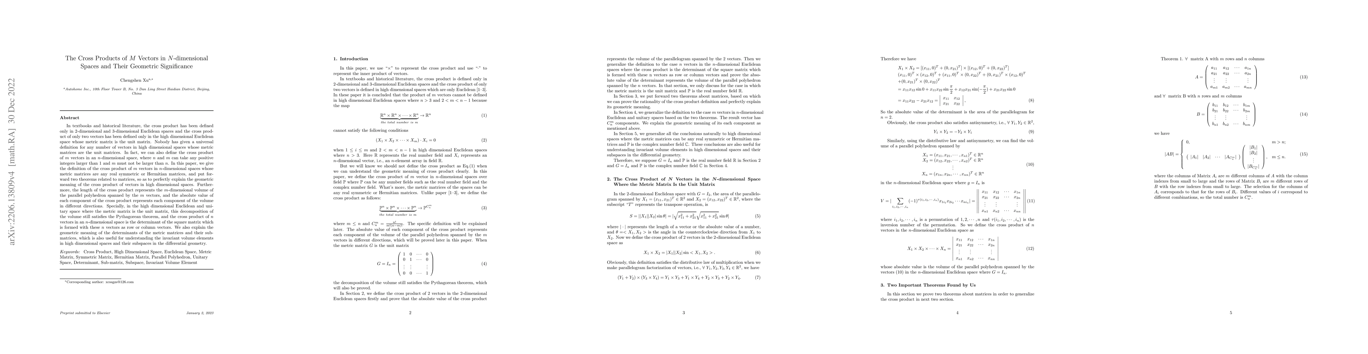 Thumbnail for The Cross Products of M Vectors in N-dimensional Spaces and Their
  Geometric Significance
