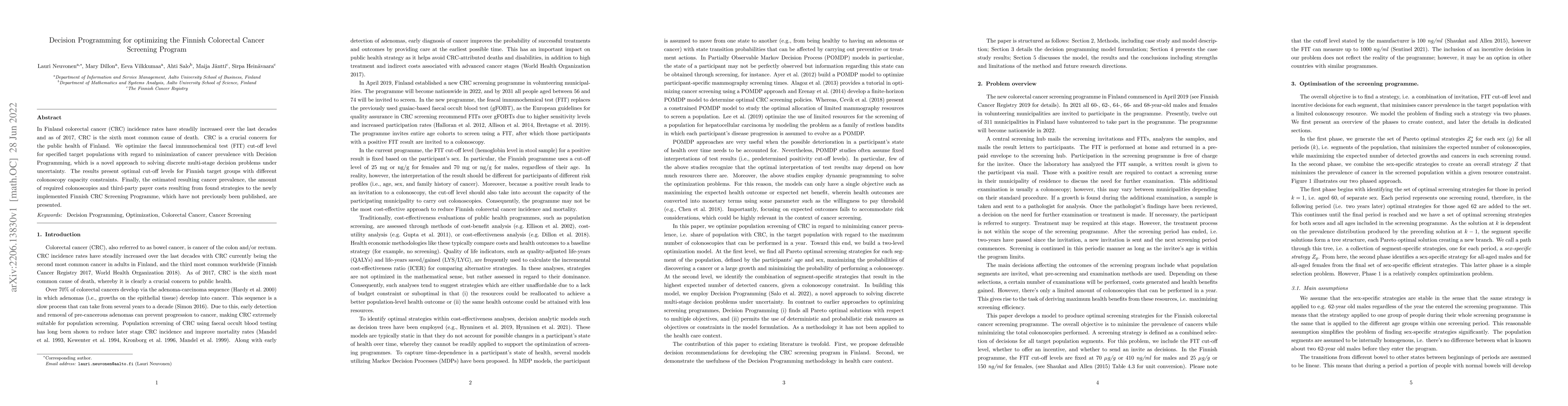 Thumbnail for Decision Programming for optimizing the Finnish Colorectal Cancer
  Screening Program