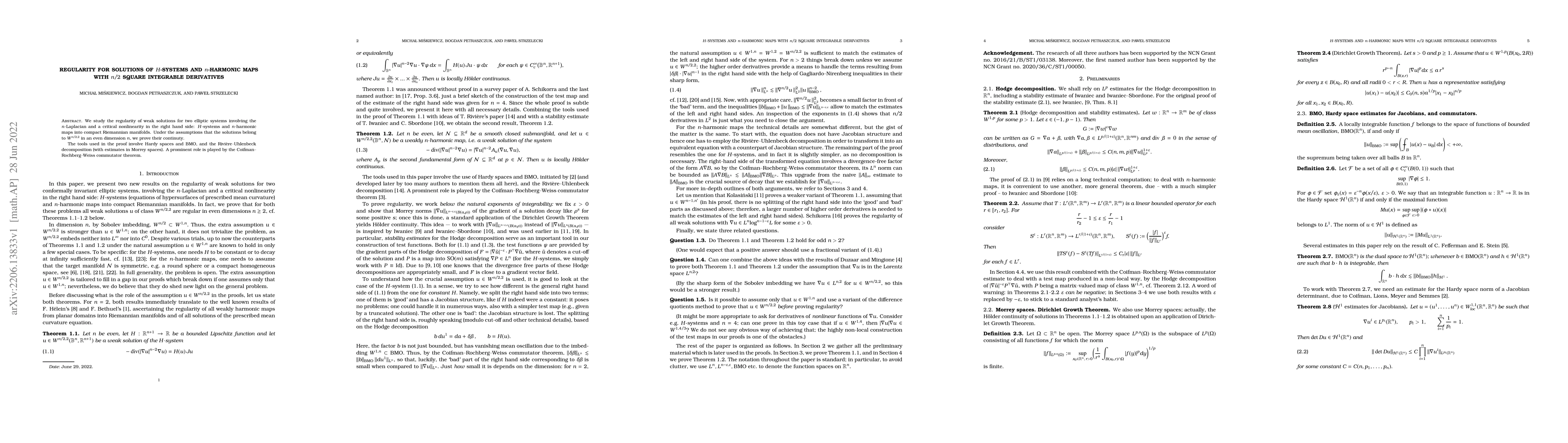 Thumbnail for Regularity for solutions of H-systems and n-harmonic maps with n/2
  square integrable derivatives