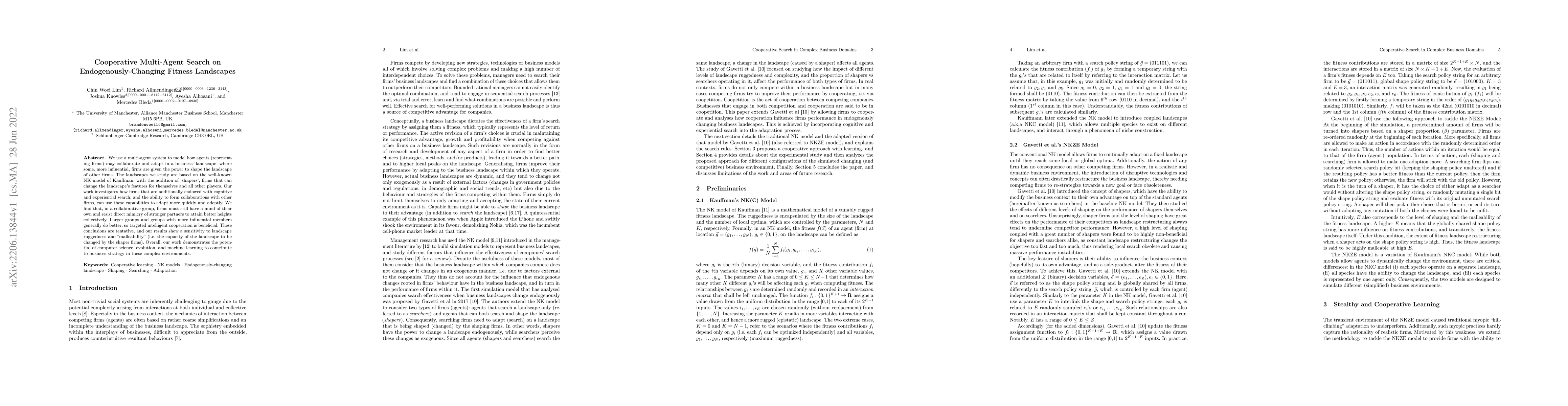 Thumbnail for Cooperative Multi-Agent Search on Endogenously-Changing Fitness
  Landscapes