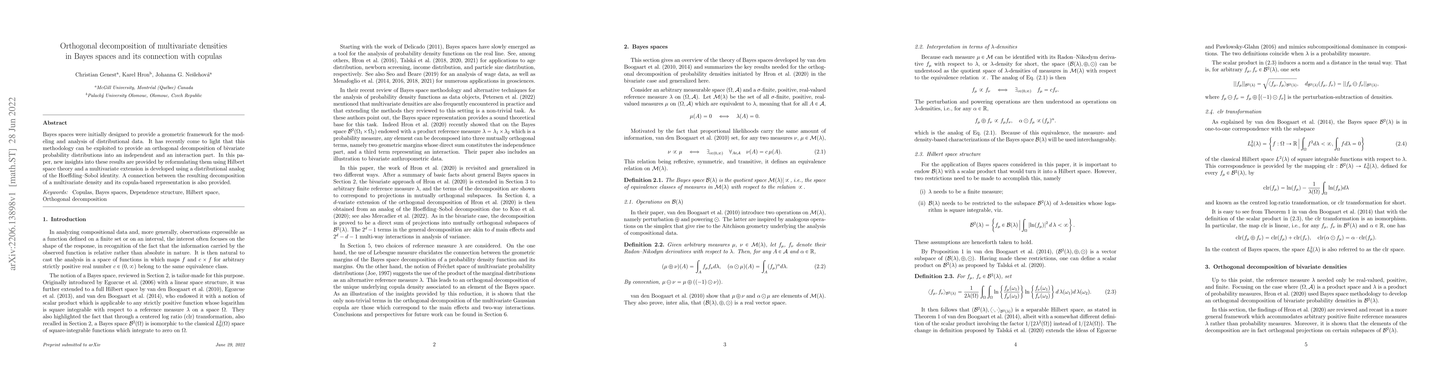 Thumbnail for Orthogonal decomposition of multivariate densities in Bayes spaces and
  its connection with copulas