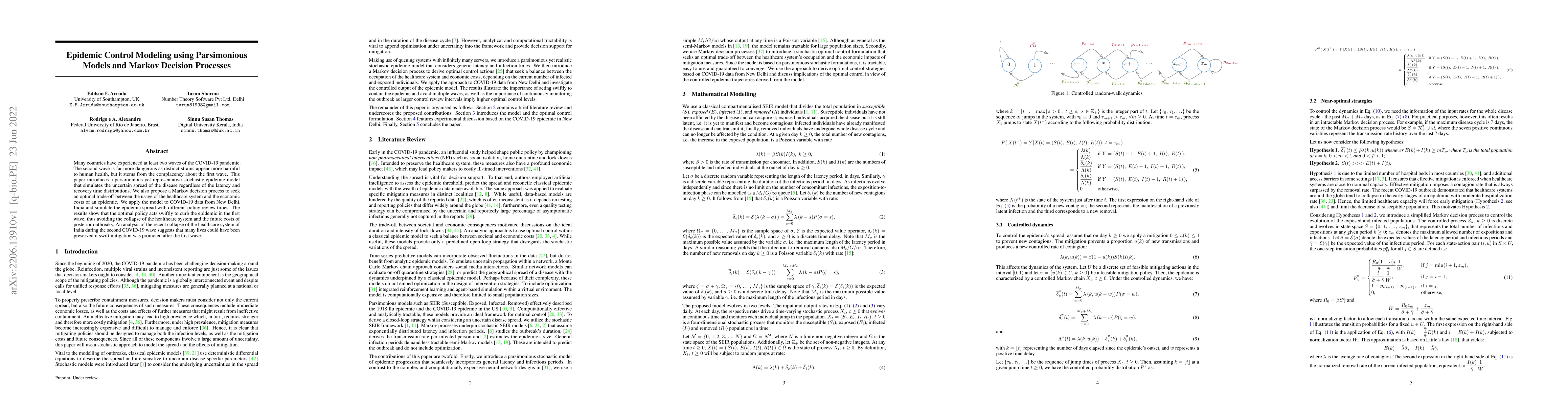 Thumbnail for Epidemic Control Modeling using Parsimonious Models and Markov Decision
  Processes