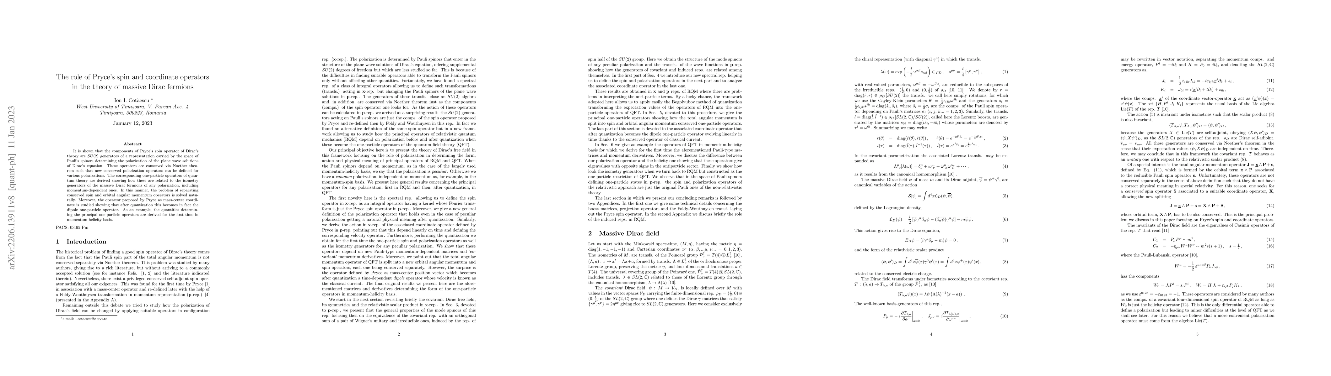 Thumbnail for The role of Pryce's spin and coordinate operators in the theory of
  massive Dirac fermions