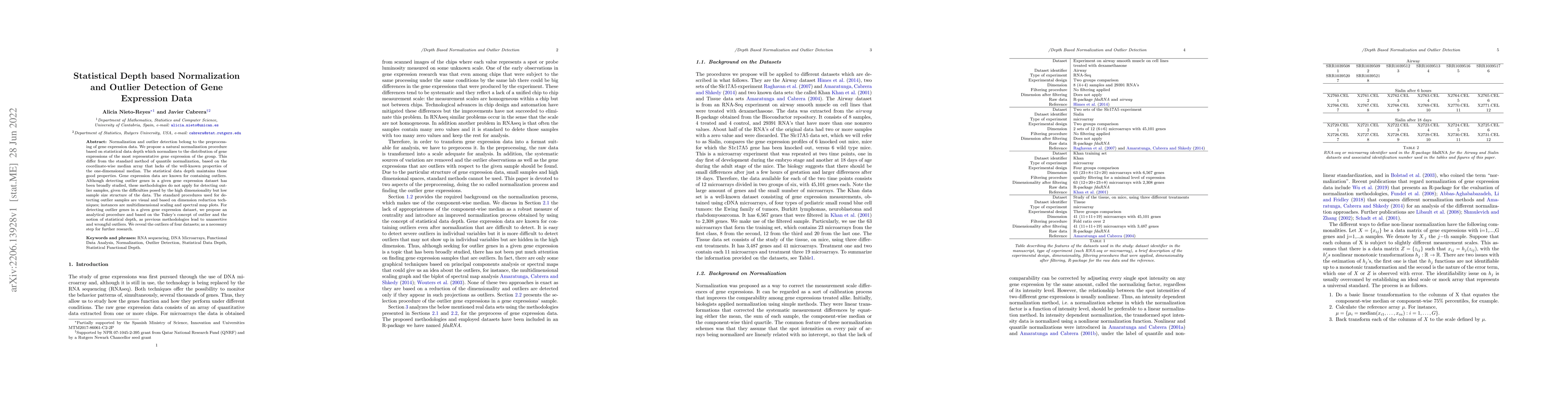 Thumbnail for Statistical Depth based Normalization and Outlier Detection of Gene
  Expression Data