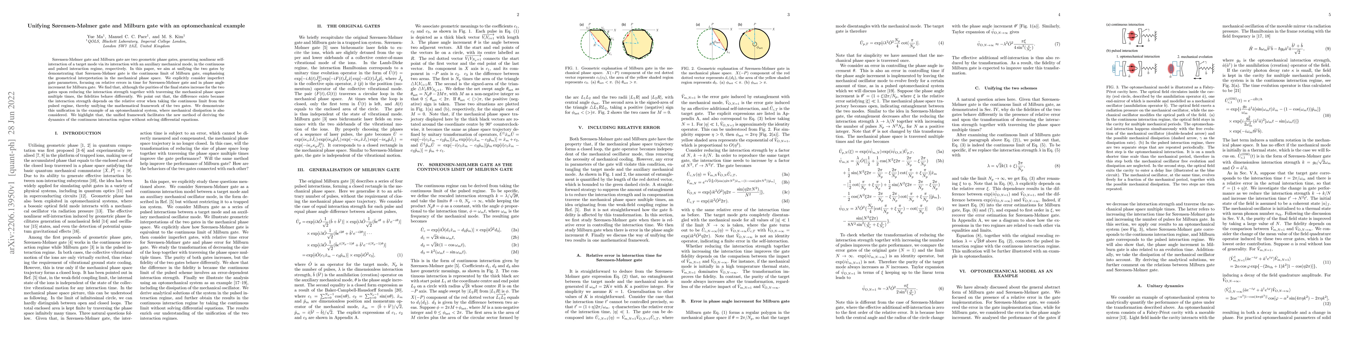 Thumbnail for Unifying S\o rensen-M\o lmer gate and Milburn gate with an
  optomechanical example