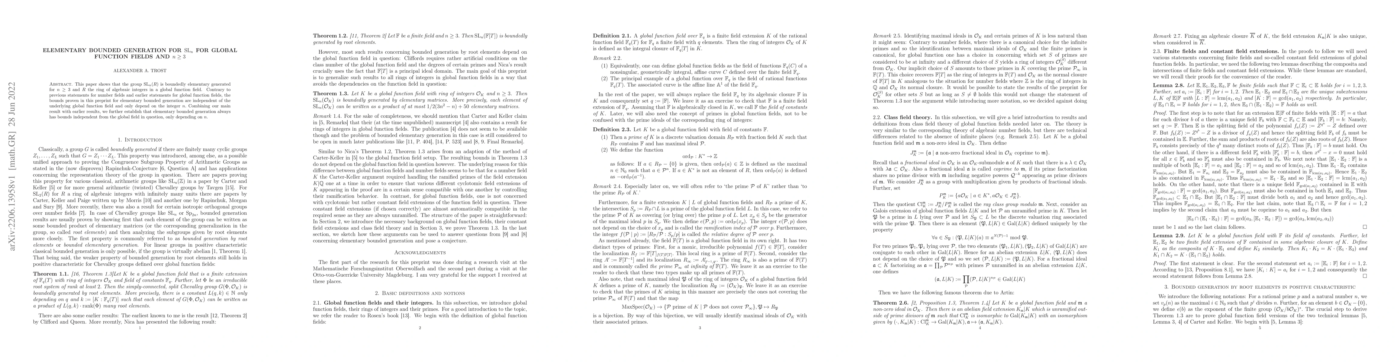 Thumbnail for Elementary bounded generation for ${\rm SL}_n$ for global function
  fields and $n\geq 3$