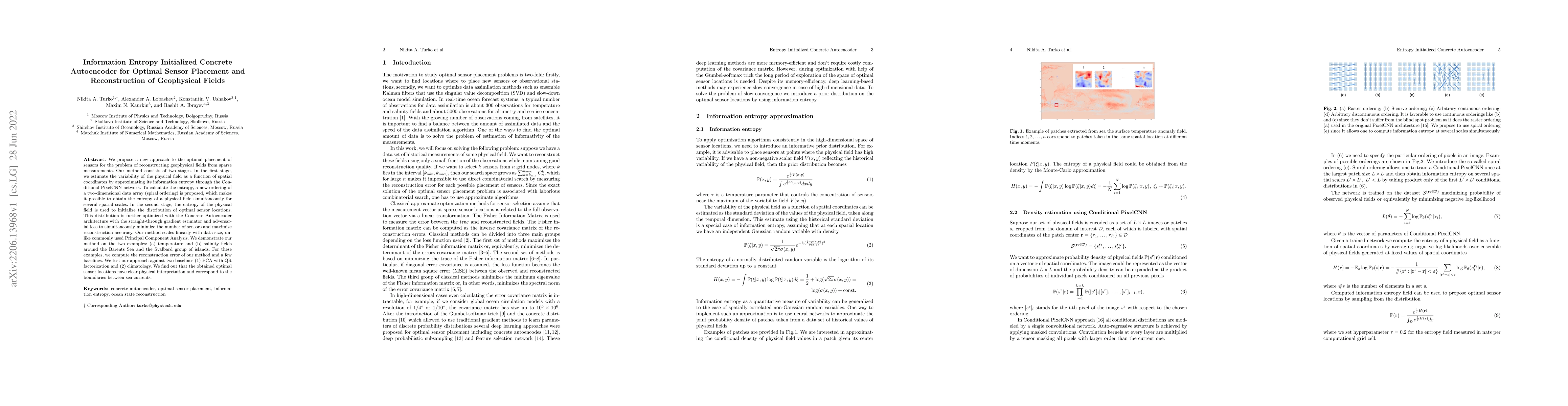 Thumbnail for Information Entropy Initialized Concrete Autoencoder for Optimal Sensor
  Placement and Reconstruction of Geophysical Fields