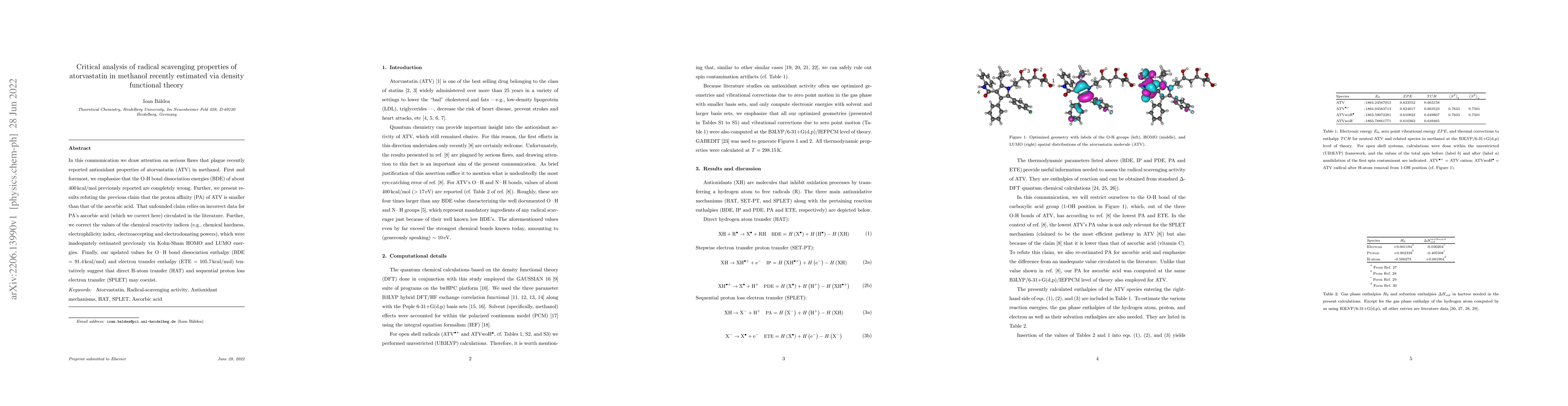 Thumbnail for Critical analysis of radical scavenging properties of atorvastatin in
  methanol recently estimated via density functional theory