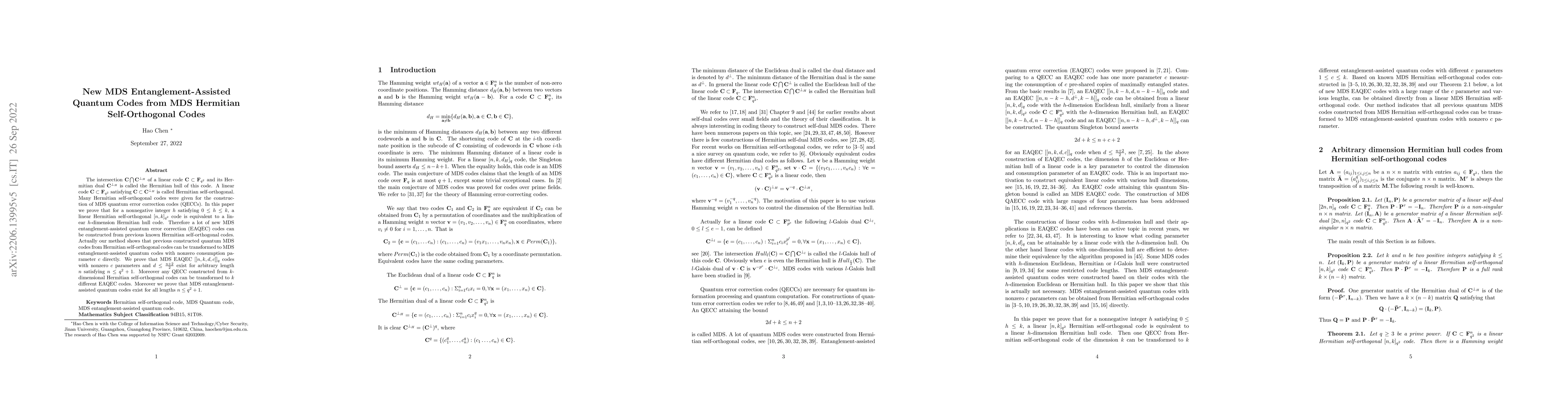 Thumbnail for New MDS Entanglement-Assisted Quantum Codes from MDS Hermitian
  Self-Orthogonal Codes