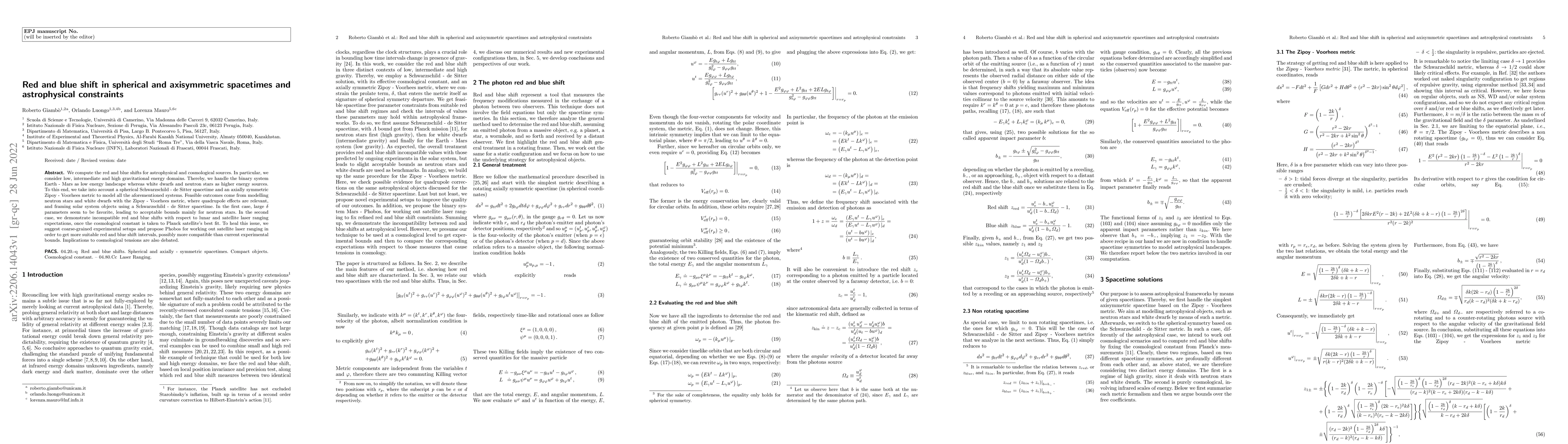 Thumbnail for Red and blue shift in spherical and axisymmetric spacetimes and
  astrophysical constraints