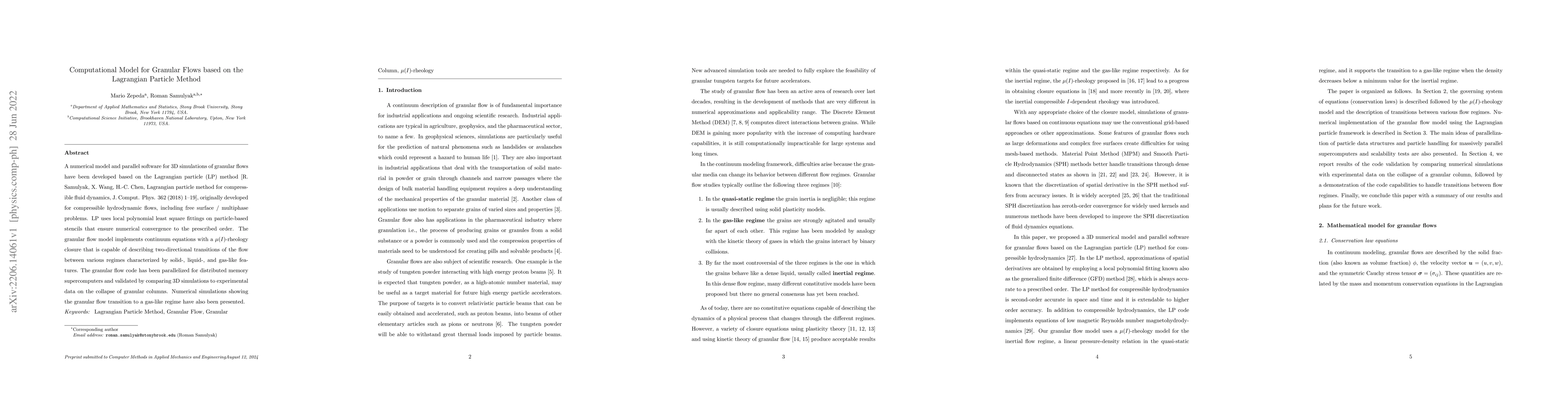 Thumbnail for Computational Model for Granular Flows based on the Lagrangian Particle
  Method