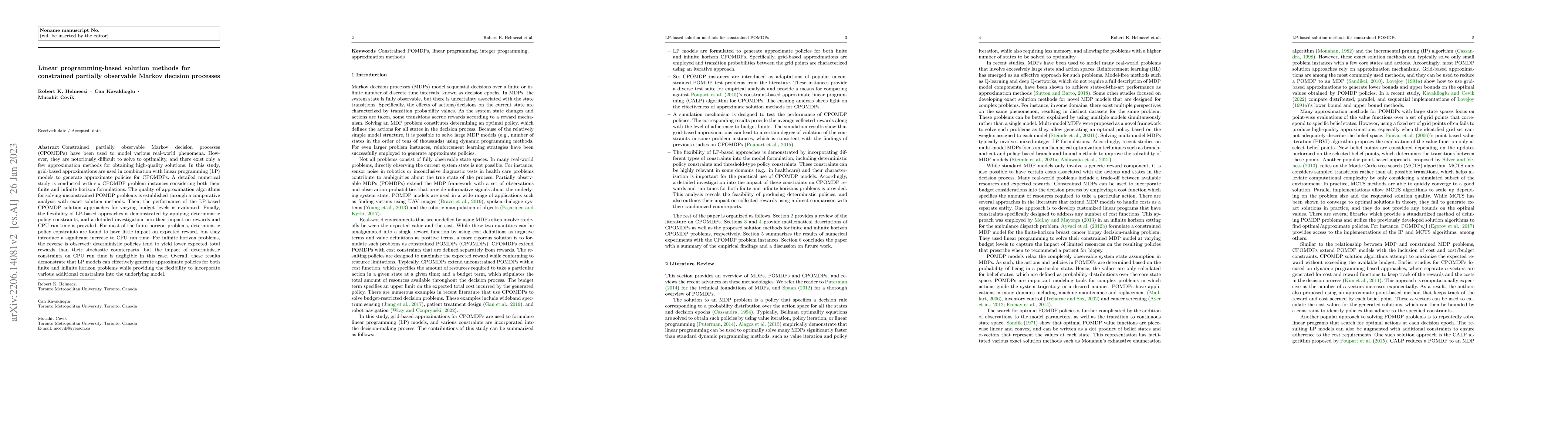 Thumbnail for Linear programming-based solution methods for constrained partially
  observable Markov decision processes