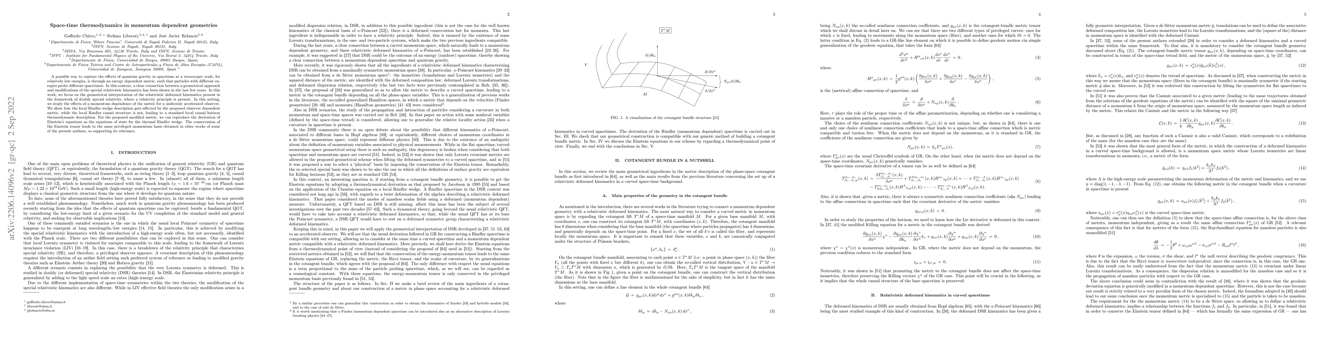 Thumbnail for Space-time thermodynamics in momentum dependent geometries