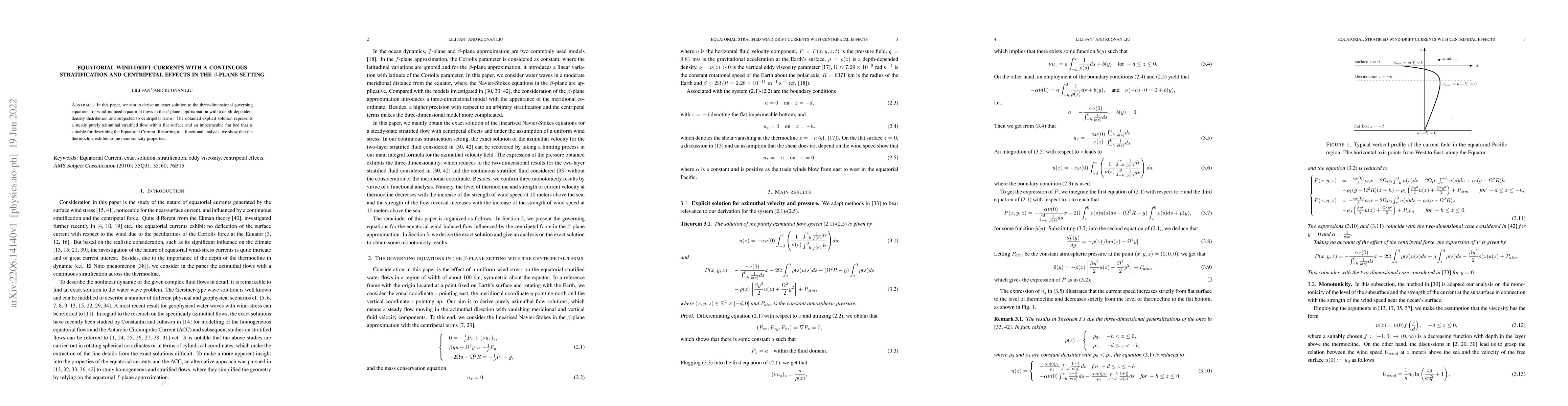 Thumbnail for Equatorial wind-drift currents with a continuous stratification and
  centripetal effects in the $\beta$-plane setting