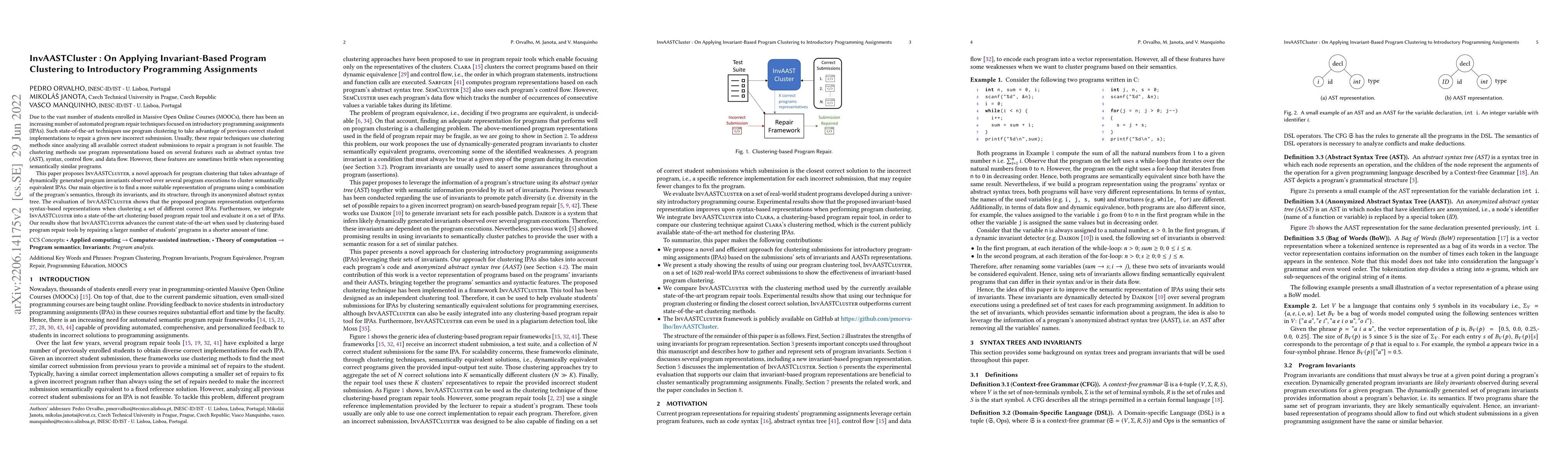 Thumbnail for InvAASTCluster: On Applying Invariant-Based Program Clustering to
  Introductory Programming Assignments
