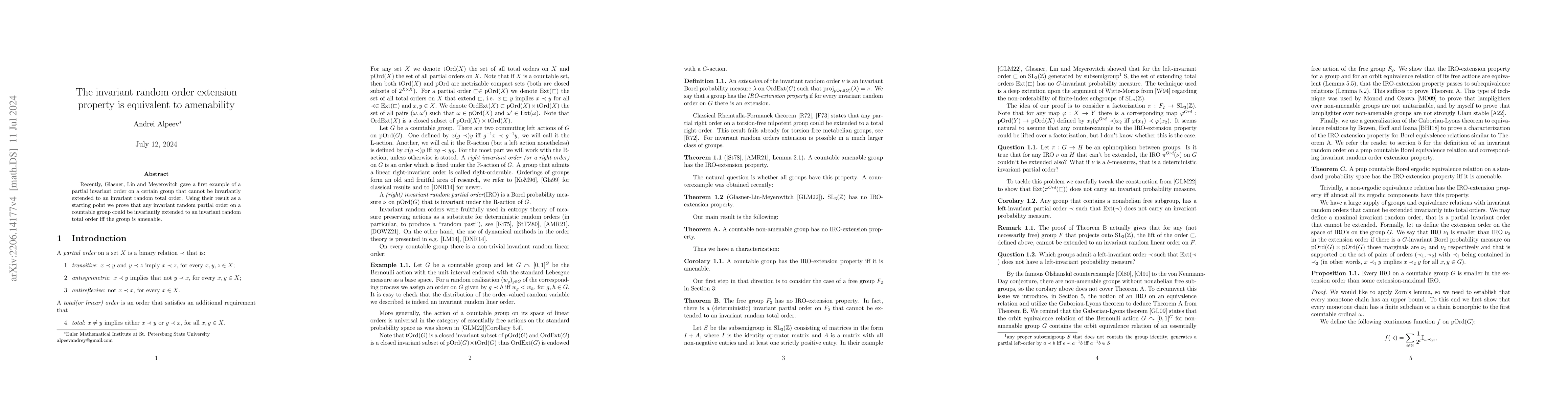 Thumbnail for The invariant random order extension property is equivalent to
  amenability
