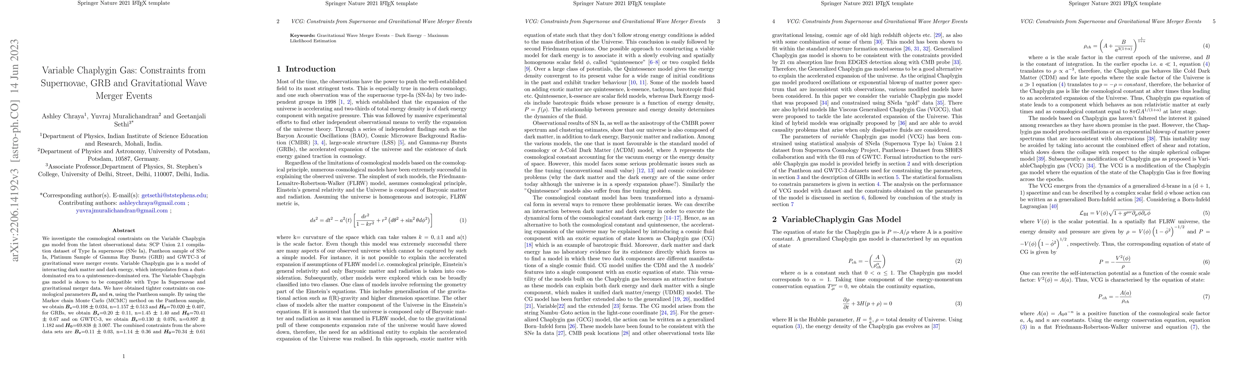 Thumbnail for Variable Chaplygin Gas: Constraints from Supernovae, GRB and
  Gravitational Wave Merger Events
