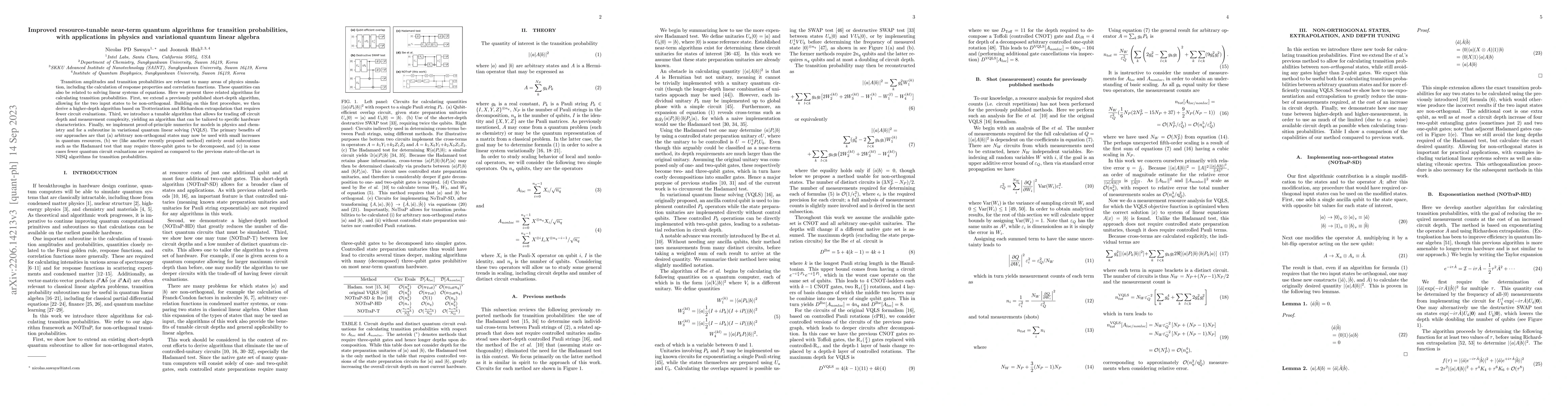 Thumbnail for Improved resource-tunable near-term quantum algorithms for transition
  probabilities, with applications in physics and variational quantum linear
  algebra