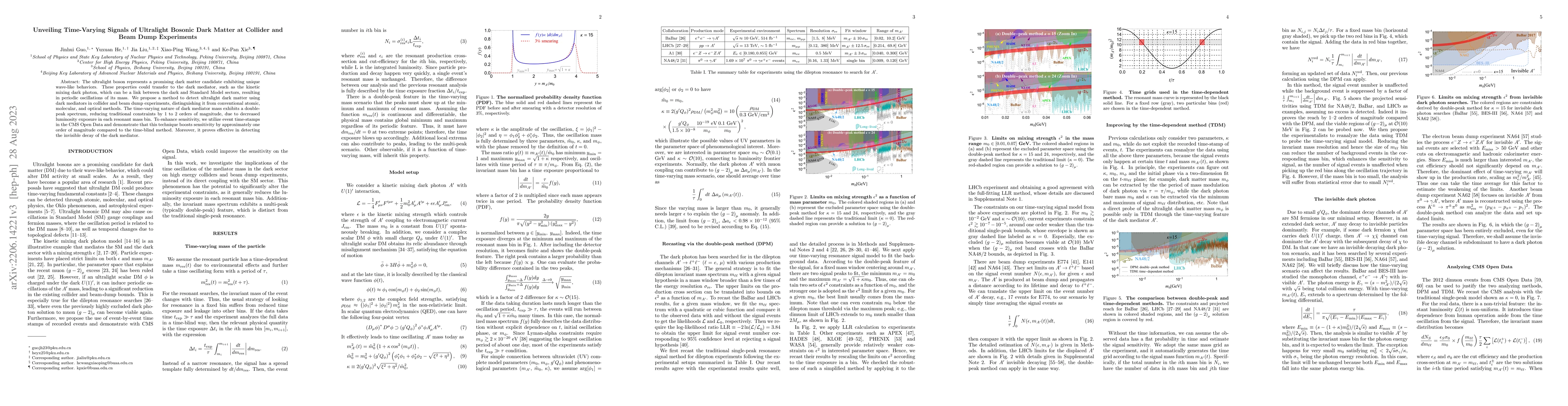 Thumbnail for Unveiling Time-Varying Signals of Ultralight Bosonic Dark Matter at
  Collider and Beam Dump Experiments