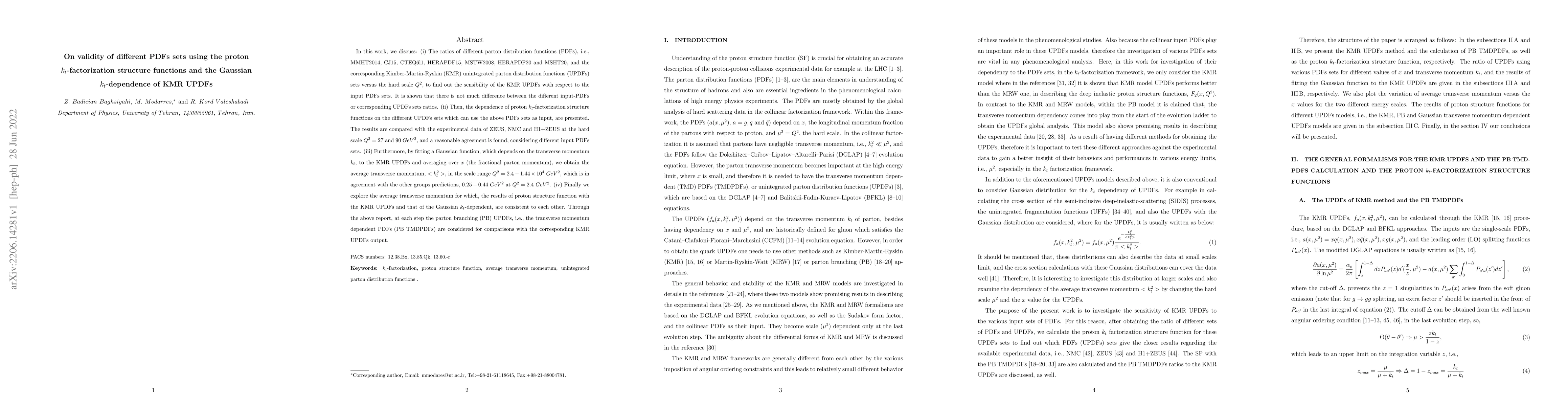 Thumbnail for On validity of different PDFs sets using the proton $k_t$-factorization
  structure functions and the Gaussian $k_t$-dependence of KMR UPDFs
