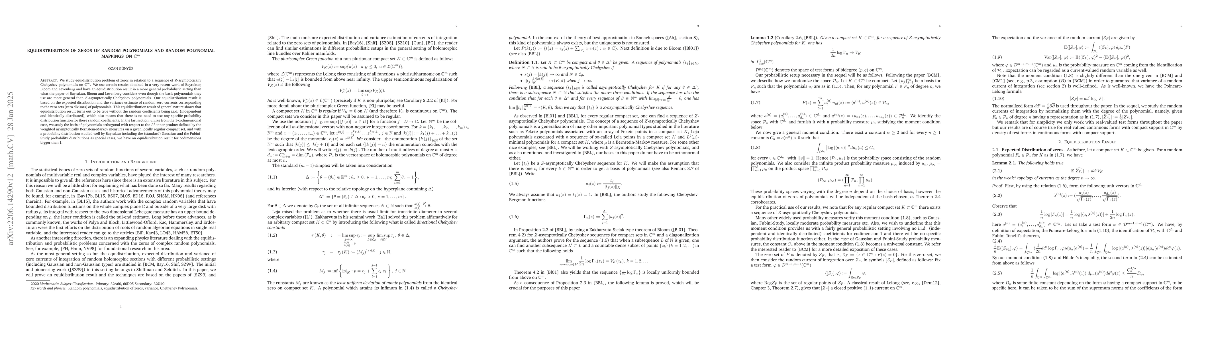 Thumbnail for Equidistribution of Zeros of Random Polynomials and Random Polynomial
  mappings on $\mathbb{C}^m$