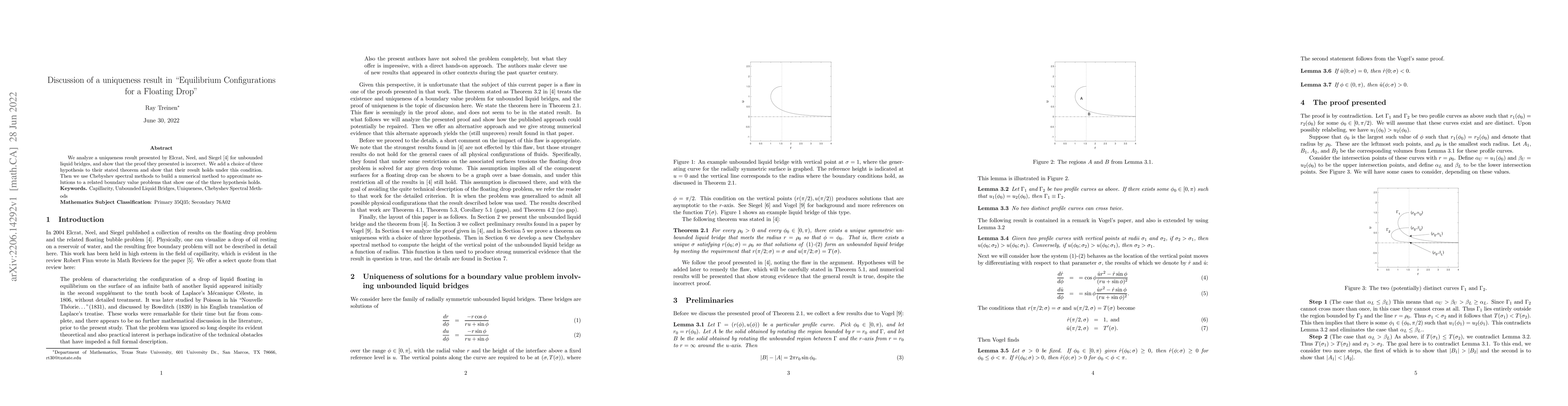 Thumbnail for Discussion of a uniqueness result in "Equilibrium Configurations for a
  Floating Drop"
