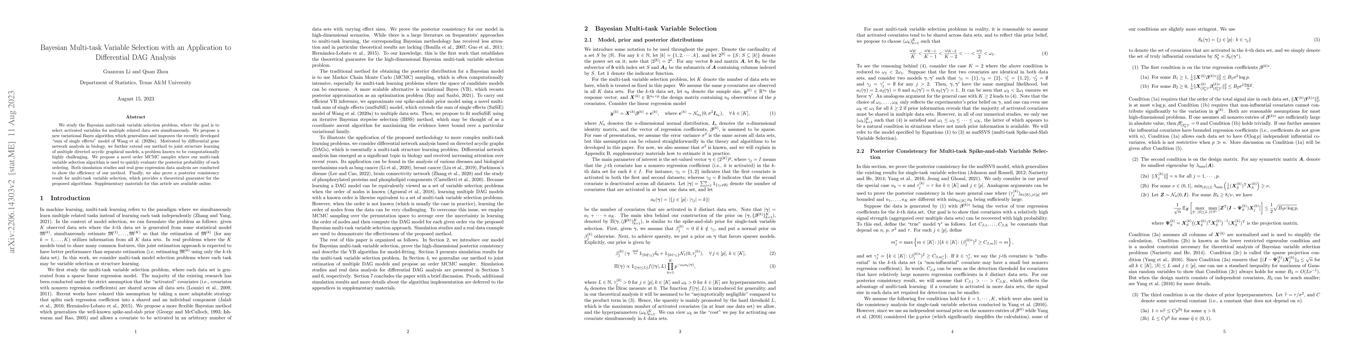Thumbnail for Bayesian Multi-task Variable Selection with an Application to
  Differential DAG Analysis