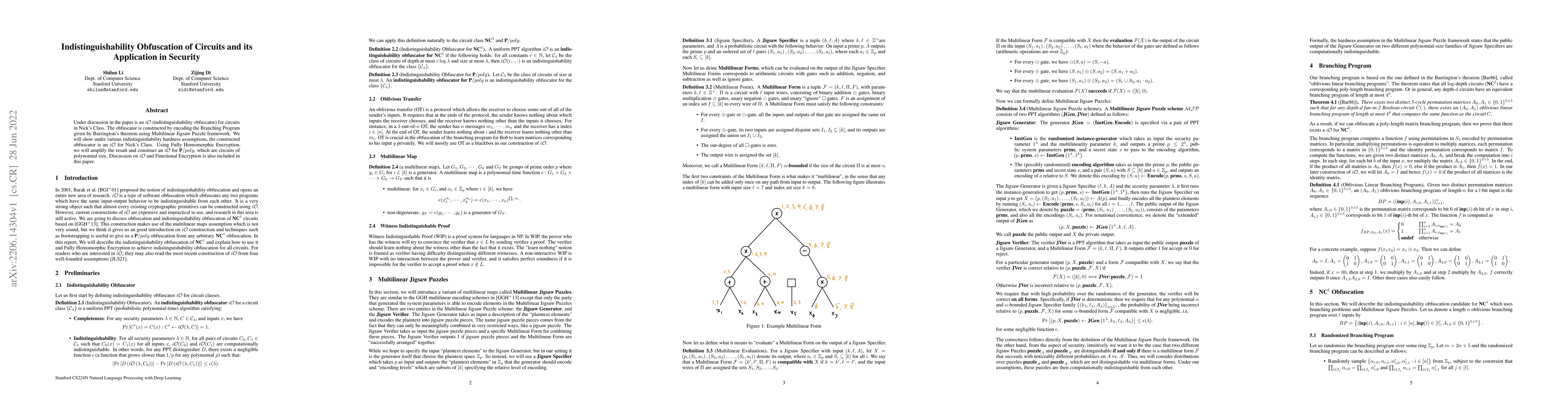 Thumbnail for Indistinguishability Obfuscation of Circuits and its Application in
  Security