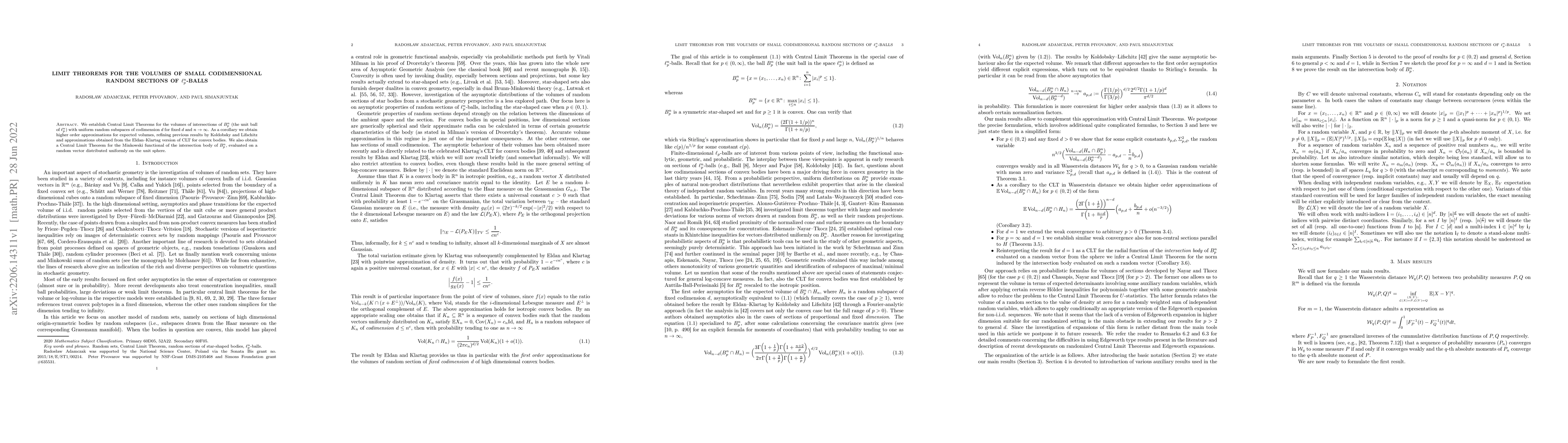 Thumbnail for Limit theorems for the volumes of small codimensional random sections of
  $\ell_p^n$-balls