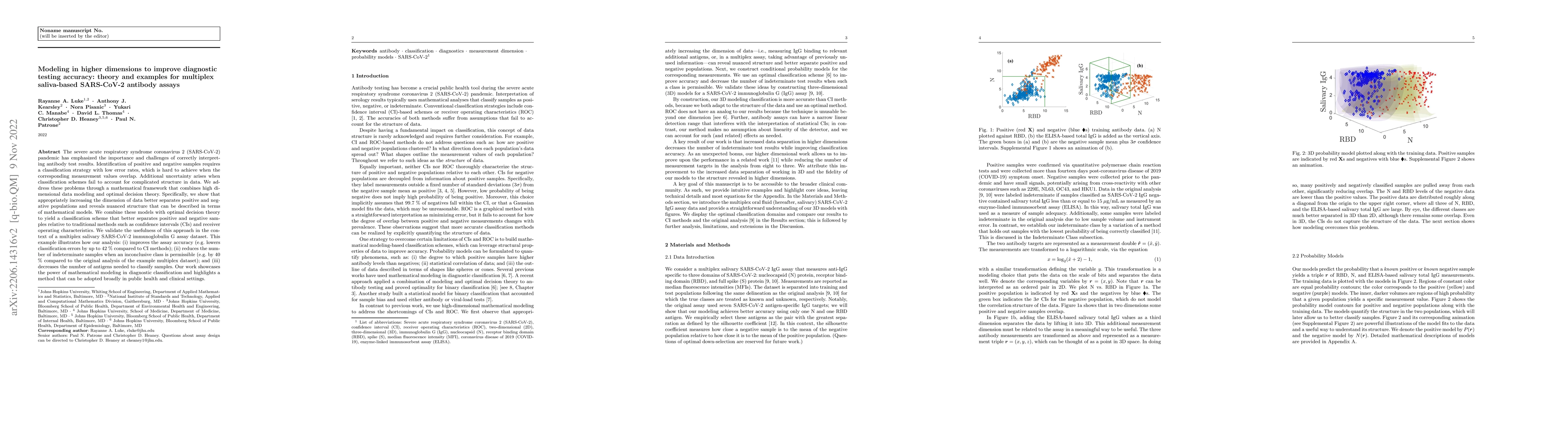 Thumbnail for Modeling in higher dimensions to improve diagnostic testing accuracy:
  theory and examples for multiplex saliva-based SARS-CoV-2 antibody assays