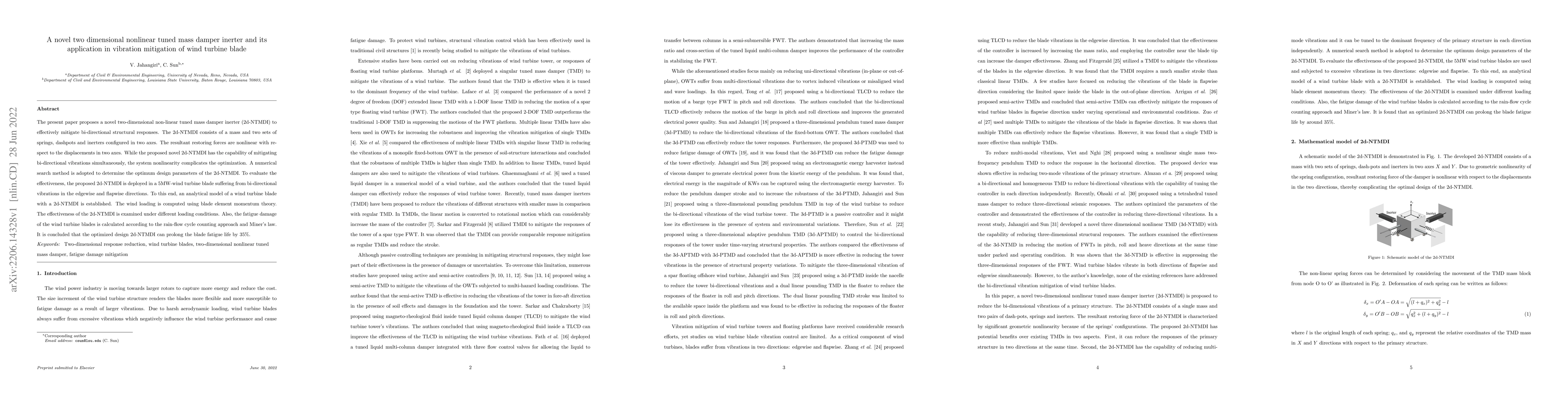 Thumbnail for A novel two dimensional nonlinear tuned mass damper inerter and its
  application in vibration mitigation of wind turbine blade