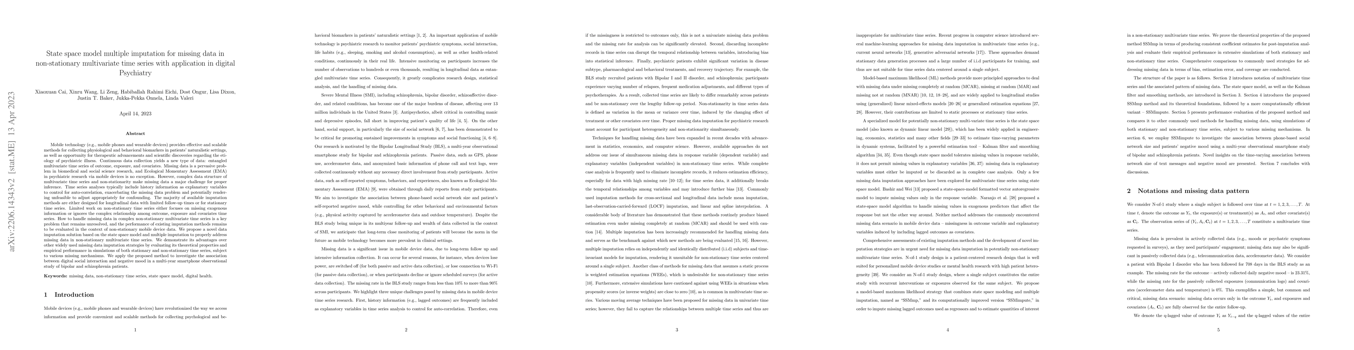 Thumbnail for State space model multiple imputation for missing data in non-stationary
  multivariate time series with application in digital Psychiatry