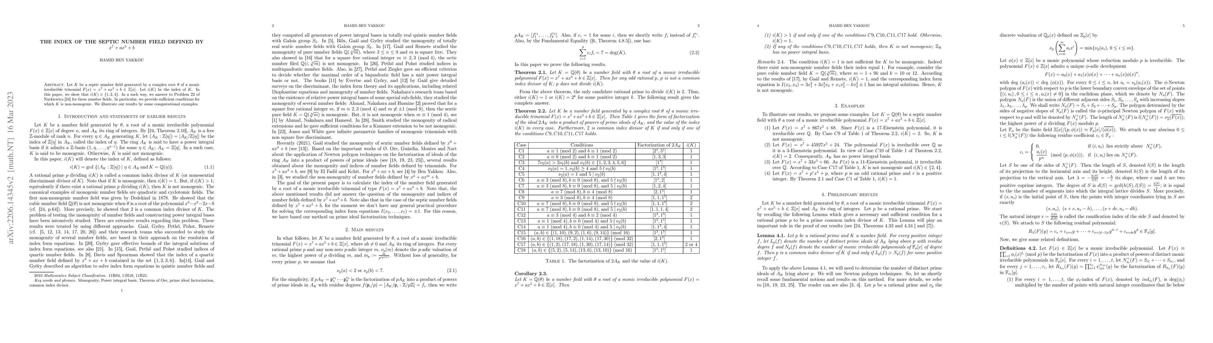 Thumbnail for The index of the septic number field defined by $x^7+ax^5+b$