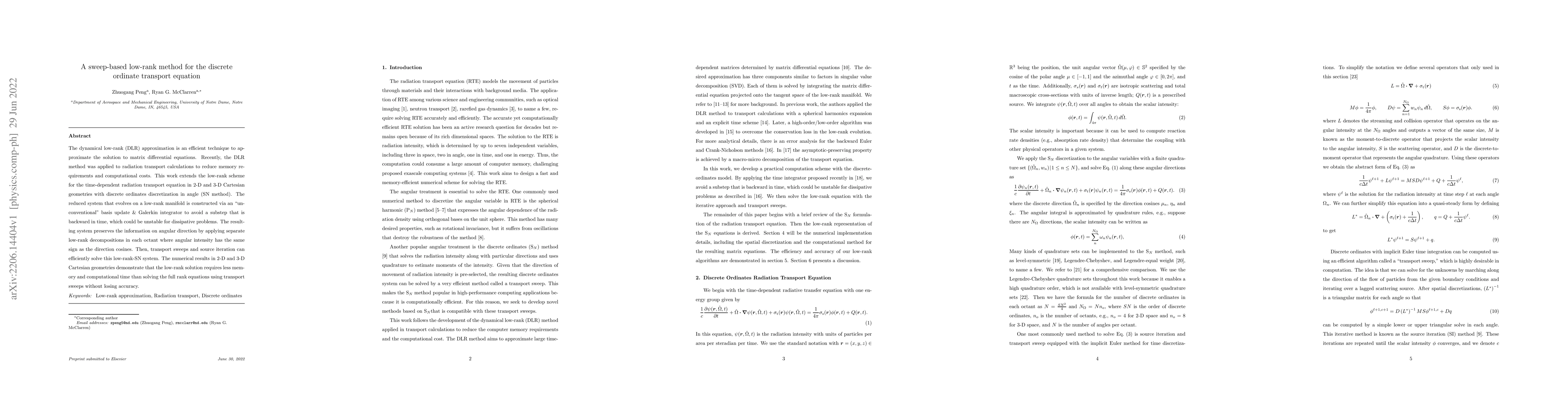 Thumbnail for A sweep-based low-rank method for the discrete ordinate transport
  equation