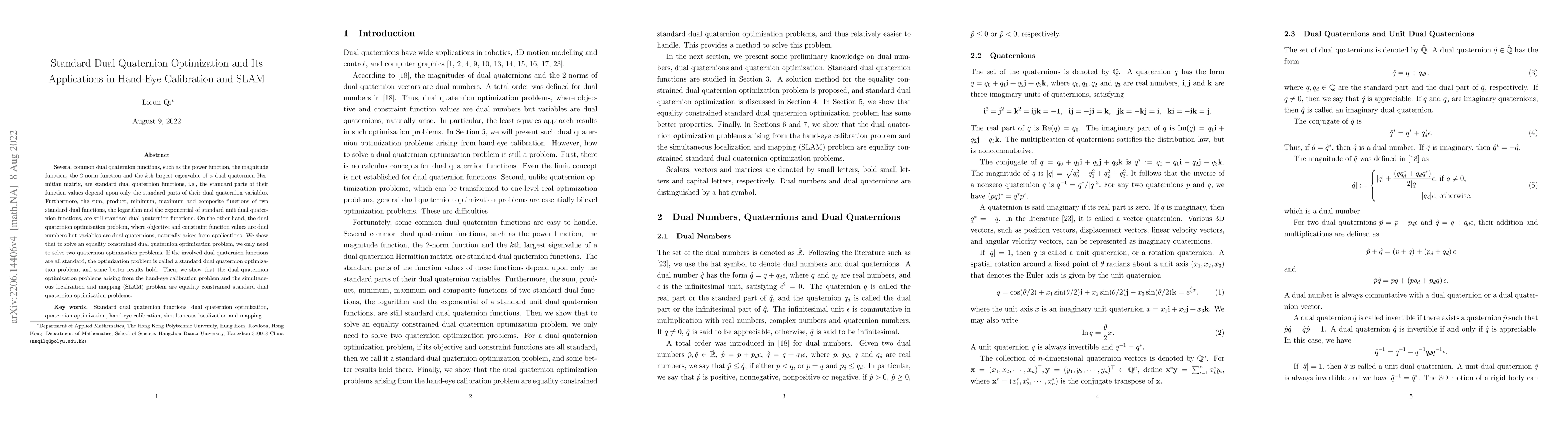 Thumbnail for Standard Dual Quaternion Optimization and Its Applications in Hand-Eye
  Calibration and SLAM