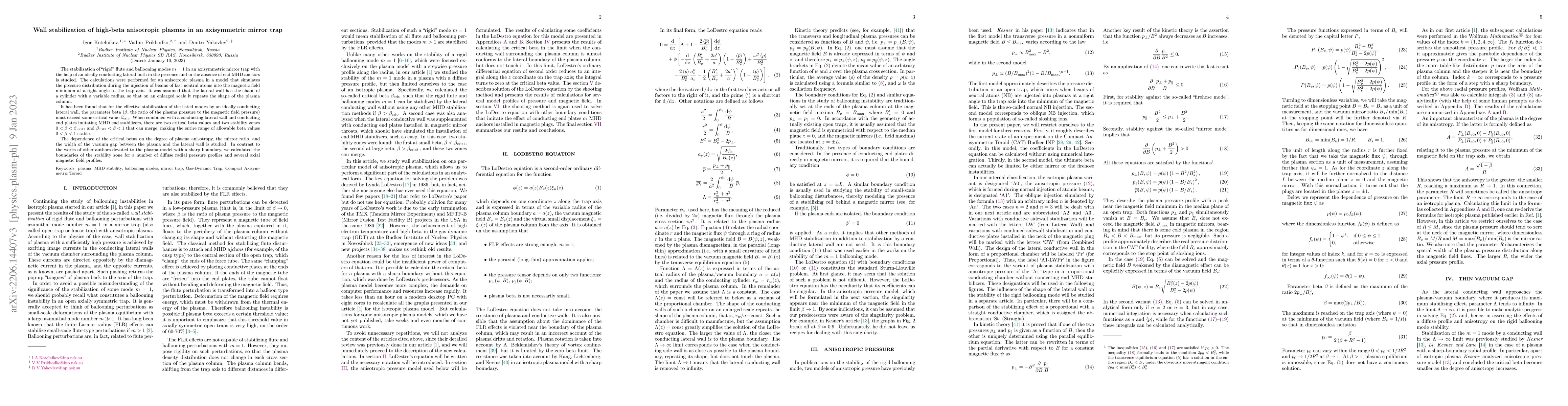 Thumbnail for Stabilization of the $m=1$ mode in a long-thin mirror trap with
  high-beta anisotropic plasmas