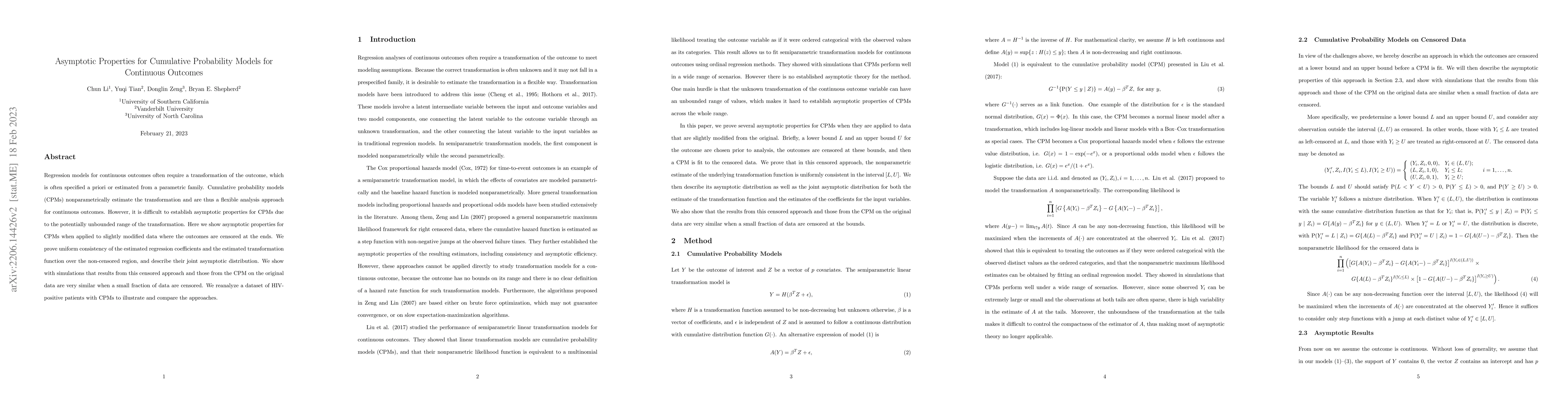 Thumbnail for Asymptotic Properties for Cumulative Probability Models for Continuous
  Outcomes