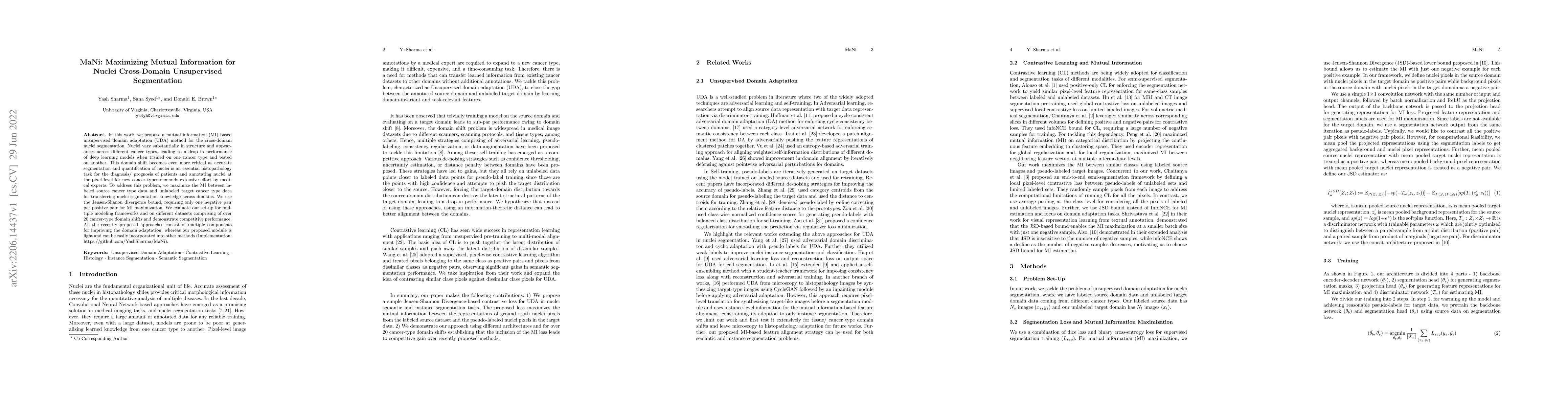 Thumbnail for MaNi: Maximizing Mutual Information for Nuclei Cross-Domain Unsupervised
  Segmentation