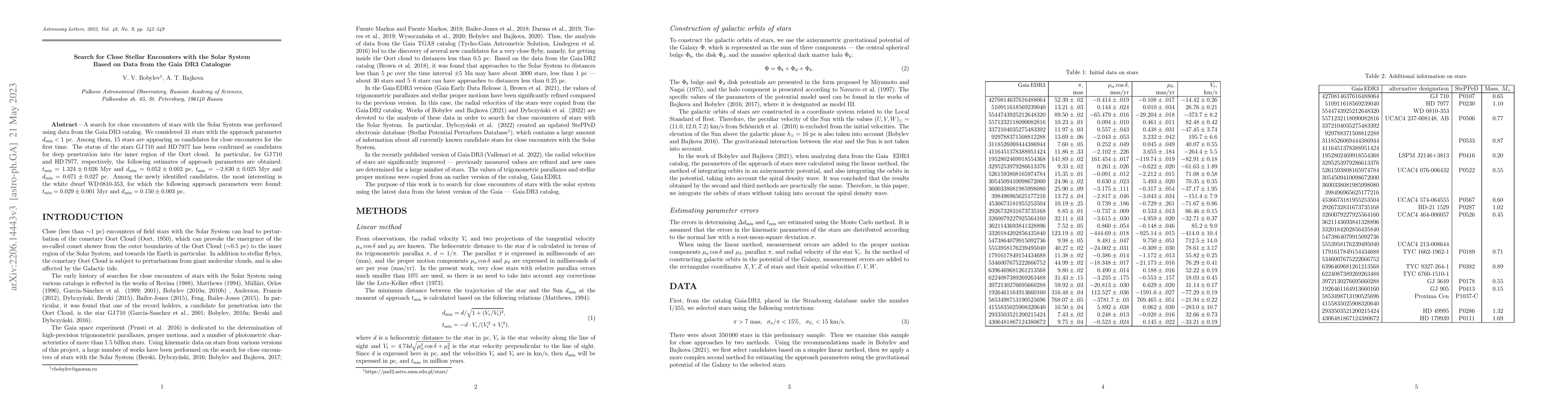 Thumbnail for Search for Close Stellar Encounters with the Solar System Based on Data
  from the Gaia DR3 Catalogue