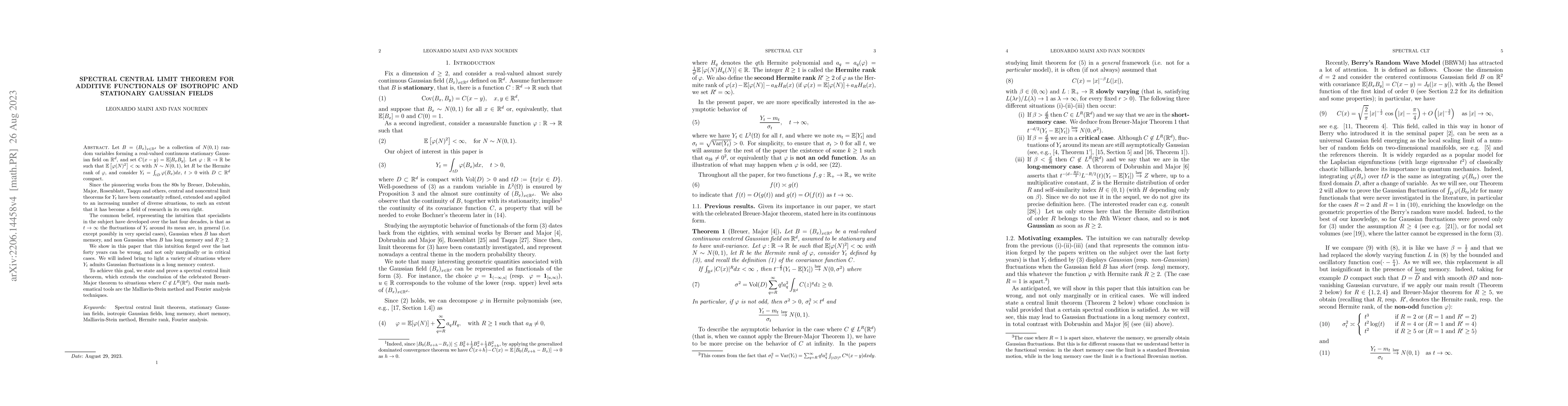 Thumbnail for Spectral central limit theorem for additive functionals of isotropic and
  stationary Gaussian fields