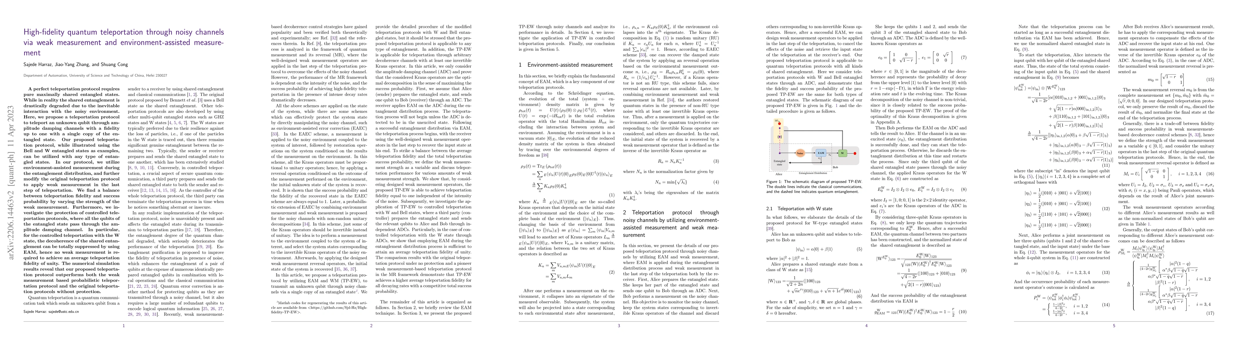 Thumbnail for High-fidelity quantum teleportation through noisy channels via weak
  measurement and environment-assisted measurement