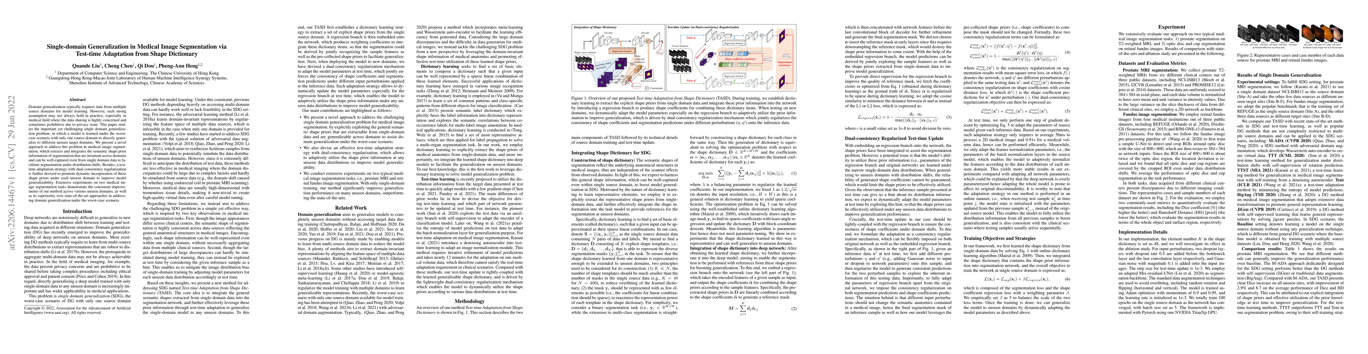 Thumbnail for Single-domain Generalization in Medical Image Segmentation via Test-time
  Adaptation from Shape Dictionary