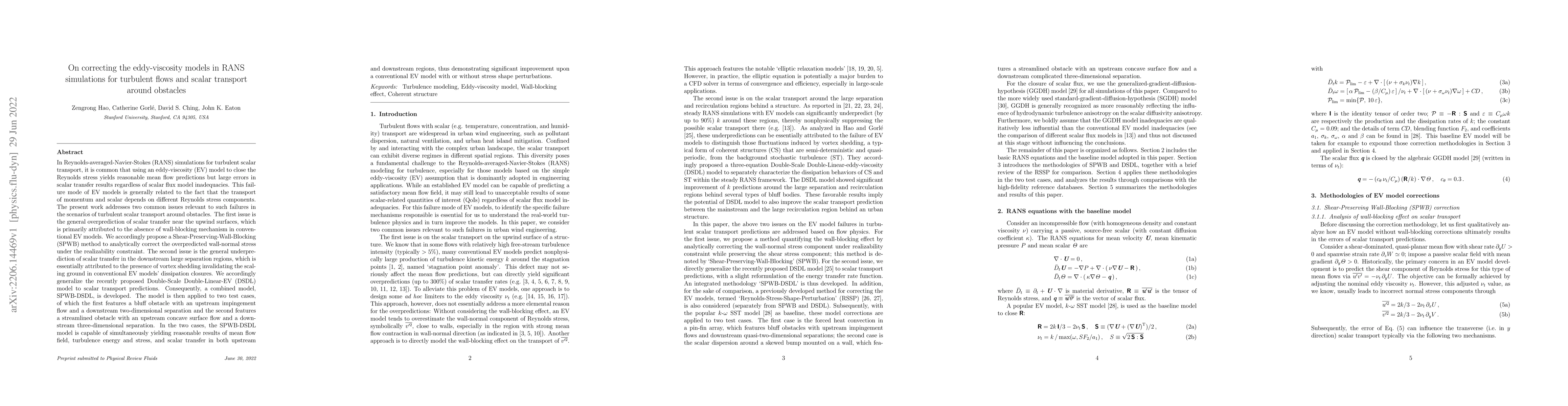 Thumbnail for On correcting the eddy-viscosity models in RANS simulations for
  turbulent flows and scalar transport around obstacles