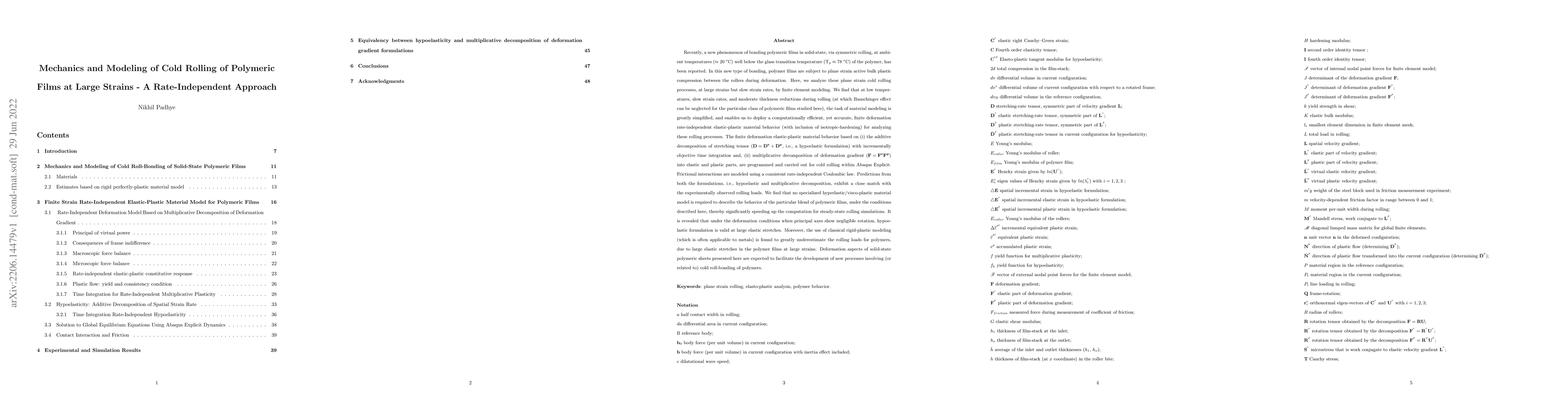 Thumbnail for Mechanics and Modeling of Cold Rolling of Polymeric Films at Large
  Strains -- A Rate-Independent Approach