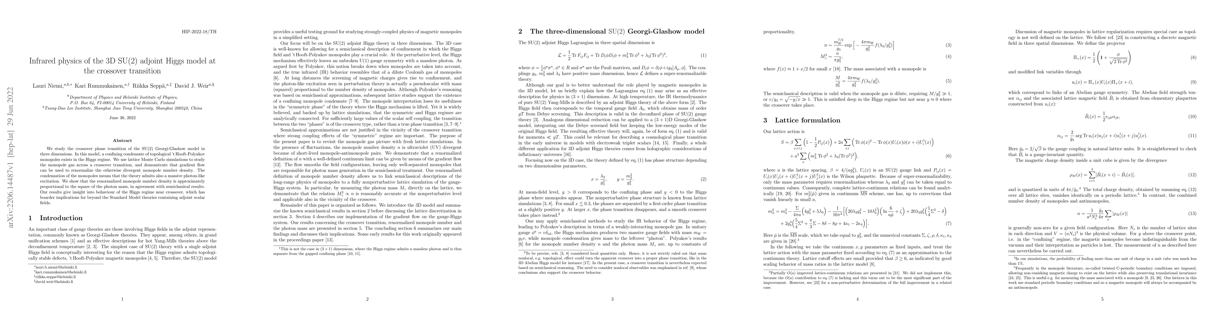 Thumbnail for Infrared physics of the 3D SU(2) adjoint Higgs model at the crossover
  transition