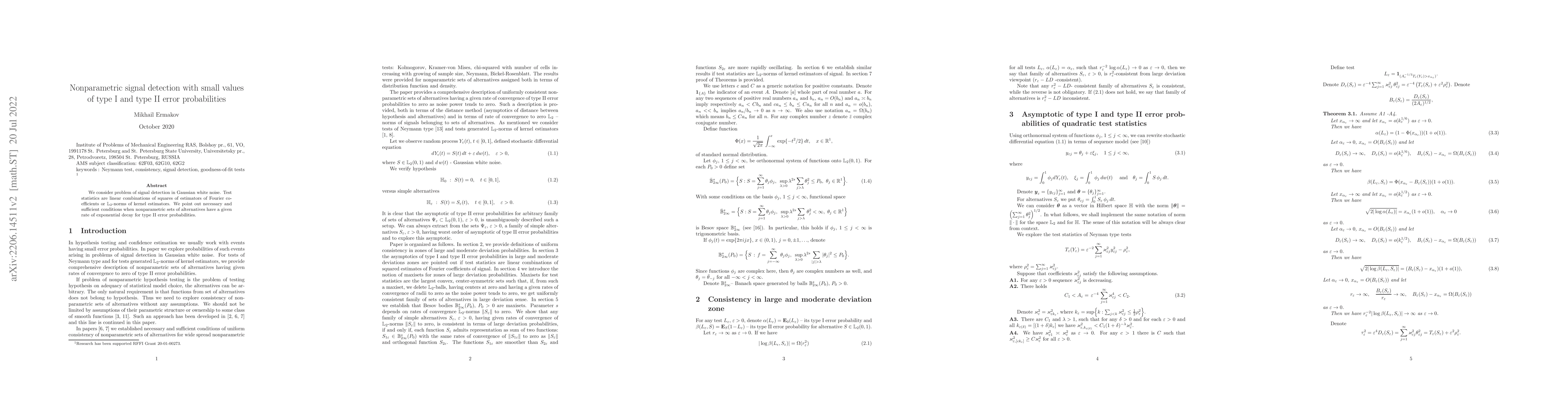 Thumbnail for Nonparametric signal detection with small values of type I and type II
  error probabilities