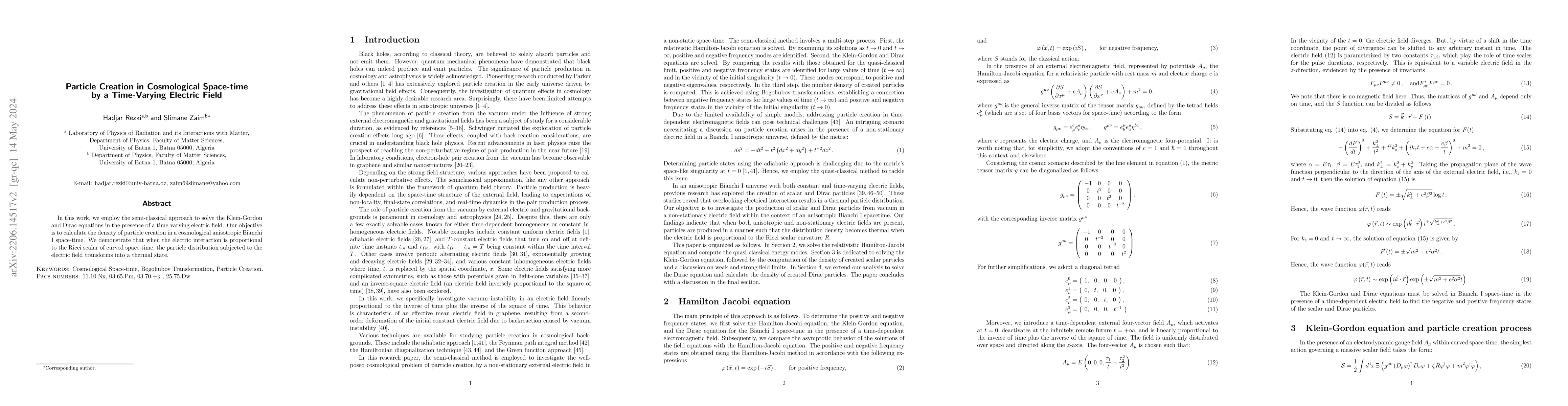 Thumbnail for Particle creation in cosmological space-time by a time-dependent
  electric field