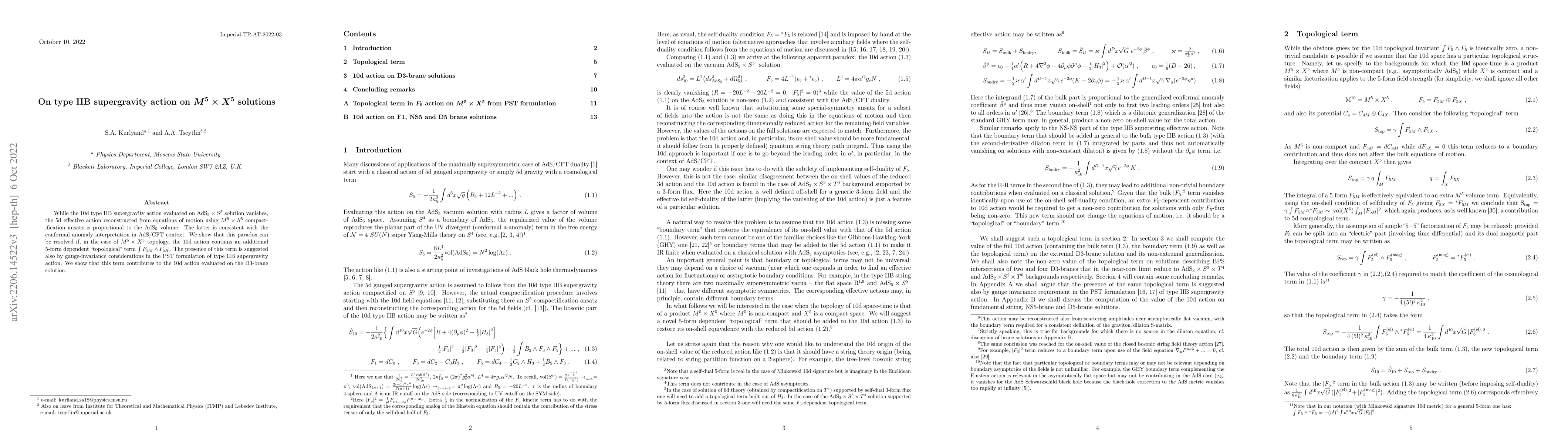 Thumbnail for On type IIB supergravity action on $M^5 \times X^5$ solutions