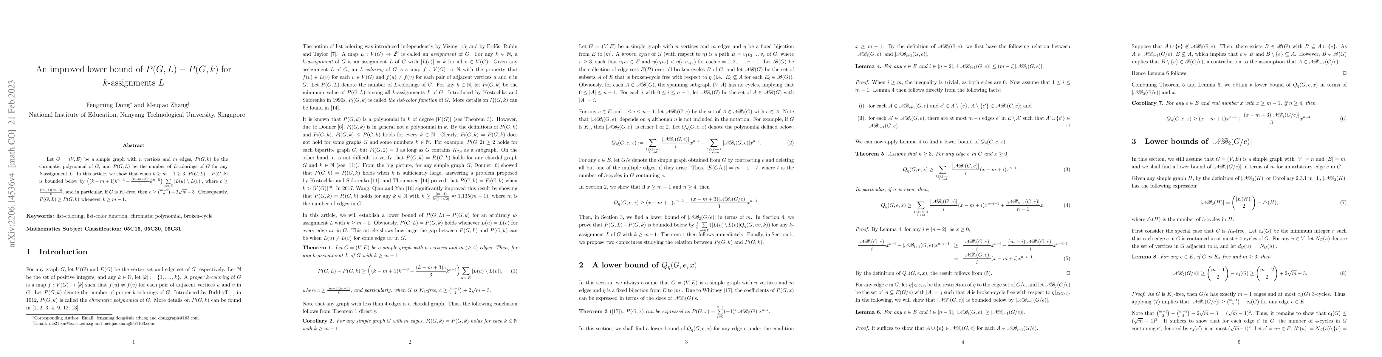 Thumbnail for An improved lower bound of $P(G, L)-P(G,k)$ for $k$-assignments $L$